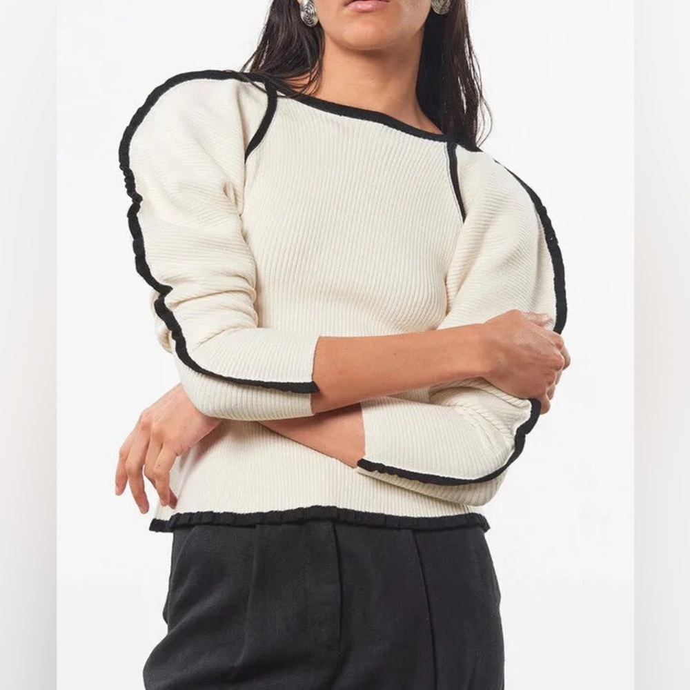 Mara Hoffman Nova Sweater in Ivory Ribbed Puff Sleeve Knit Stretch Pullover